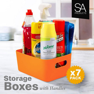 SA Products 7 Pack Plastic Storage Boxes - Colourful Storage Baskets with Handles - Stackable Cupboard Organiser