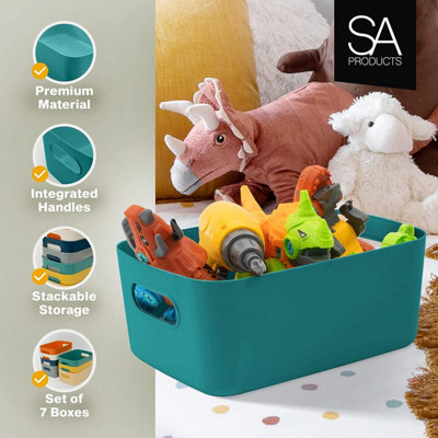 SA Products 7 Pack Plastic Storage Boxes - Colourful Storage Baskets with Handles - Stackable Cupboard Organiser - 3