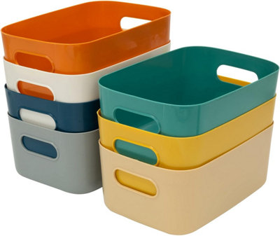 SA Products 7 Pack Plastic Storage Boxes - Colourful Storage Baskets with Handles - Stackable Cupboard Organiser - 6