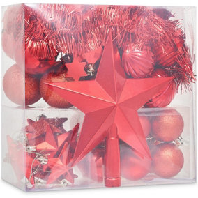 SA Products Christmas Tree Decorations - Set of 42 Red Star & Ball Decorative Holiday Accessories & Ornaments