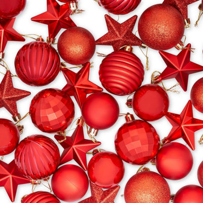 SA Products Christmas Tree Decorations - Set of 42 Red Star & Ball Decorative Holiday Accessories & Ornaments - 4