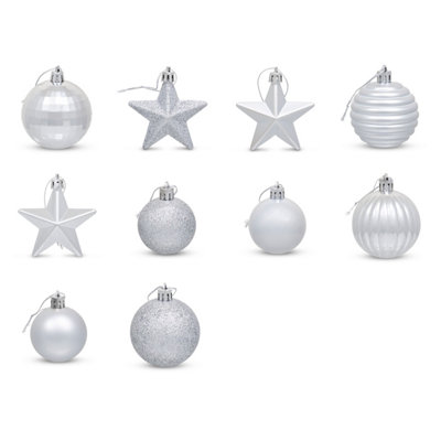 SA Products Christmas Tree Decorations - Set of 42 Silver Star & Ball Decorative Holiday Accessories & Ornaments