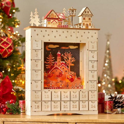 SA Products Christmas Village LED Reusable Wooden Advent Calendar with Drawers - 24 Drawers to Fill with Treats - 53.4x36x11cm Price Comparisons | Compare The Build