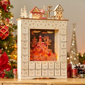 SA Products Christmas Village LED Reusable Wooden Advent Calendar with Drawers - 24 Drawers to Fill with Treats - 53.4x36x11cm