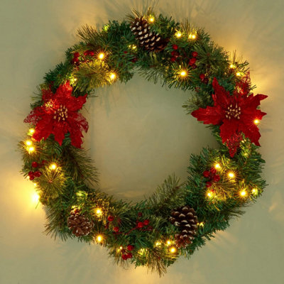 SA Products Christmas Wreath Poinsettia Flowers Pre Lit Xmas