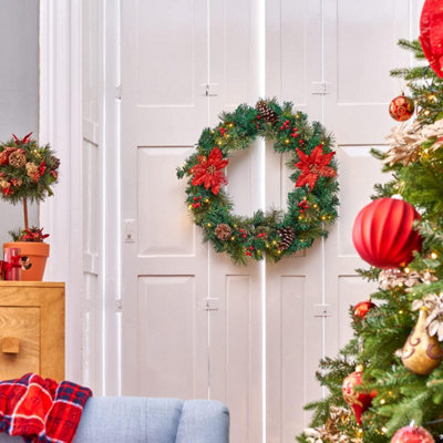 SA Products Christmas Wreath Poinsettia Flowers Pre Lit Xmas