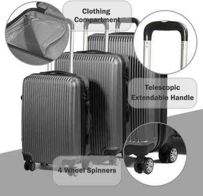 SA Products Dark Grey 3pc Hard Shell Suitcase Set - Lightweight Large Suitcase Set