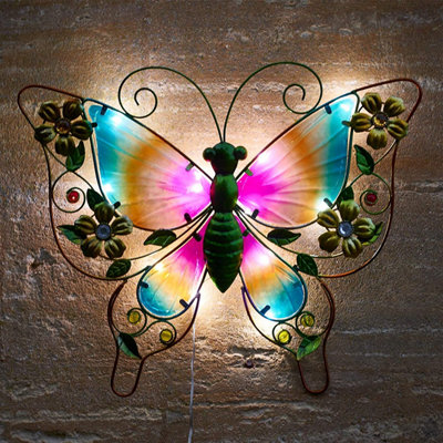 SA Products Metal Butterfly Wall Art Light - Butterfly Garden Ornaments Outdoor LED Light with White Glow