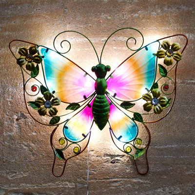 SA Products Metal Butterfly Wall Art Light Butterfly Garden Ornaments Outdoor LED Light with White Glow