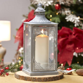 SA Products Metal Candle Lantern - Silver Decorative Lantern - Perfect for Outdoor and Indoor - H40cm x W15cm x D15cm