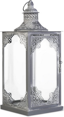SA Products Metal Candle Lantern - Silver Decorative Lantern - Perfect for Outdoor and Indoor - H40cm x W15cm x D15cm - 3