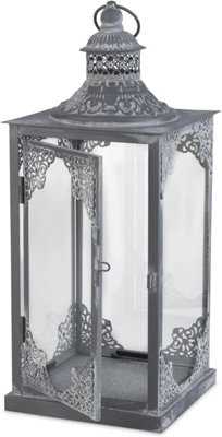 SA Products Metal Candle Lantern - Silver Decorative Lantern - Perfect for Outdoor and Indoor - H40cm x W15cm x D15cm - 7