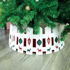 SA Products Picket Fence Tree Skirt - Christmas Fence for Real and Artificial Trees - Red and Green Reindeer Patterns - 54x49x22cm