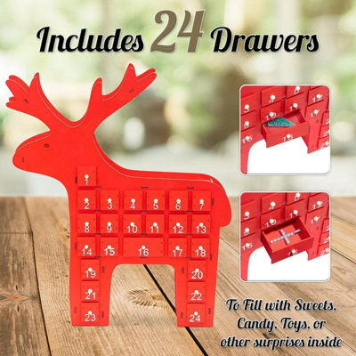 SA Products Reindeer Advent Calendar - Reusable Wooden Christmas Calendar with 24 Little Pull-Out Drawers for Treats - 40x25x6cm