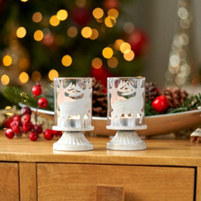 SA Products Reindeer Tealight Holders - Set Of 2 Antique Pillar Christmas - Tealight Candle Holders With Removable Glass