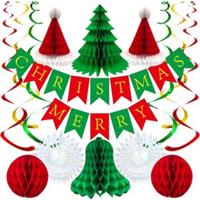 SA Products Reusable Christmas Decorations - 16Pc Xmas Ornaments Set with Paper Banner, Tree, Santa Hats, Garland, Snowflakes