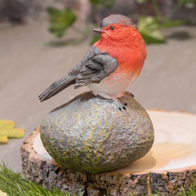 SA Products Robin Perched on Stone Garden Ornament - Red Breast Bird Design - Indoor or Outdoor Garden Decorations
