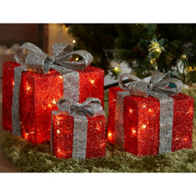 SA Products Set of 3 Christmas Lighted Gift Boxes with 35 Warm White LED Lights and Bows - Silver Bow