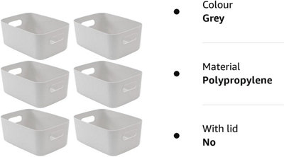 SA Products Set of 6 Storage Box - Grey Storage Boxes With Handle - Rectangular Plastic Storage Baskets - 7