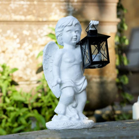 SA Products Solar Polyresin Angel Statue - Garden Sculpture of a Cherub with a Lantern - 4 Solar-Powered LED Lights