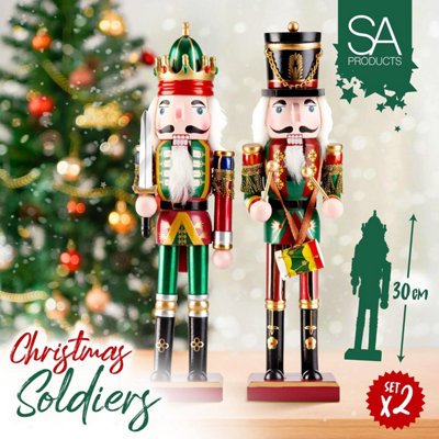 SA Products Wooden Nutcracker Ornaments - Standing Pine Wood Christmas Nutcracker Decorations - 30cm Tall Nutcracker 2-Pack Set - 4