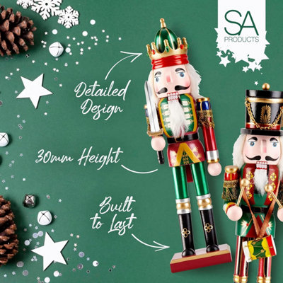 SA Products Wooden Nutcracker Ornaments - Standing Pine Wood Christmas Nutcracker Decorations - 30cm Tall Nutcracker 2-Pack Set - 5