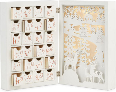 SA Products Woodland Fold Out LED Advent Calendar - Illuminated Fillable Wood Decorations - 5 Warm White Lights - 30x21.5x9cm - 5