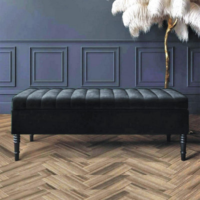 Safar 137cm Ottoman Storage Bench - Plush Velvet Shoe Bench - Black Lined Upholstered Footstool