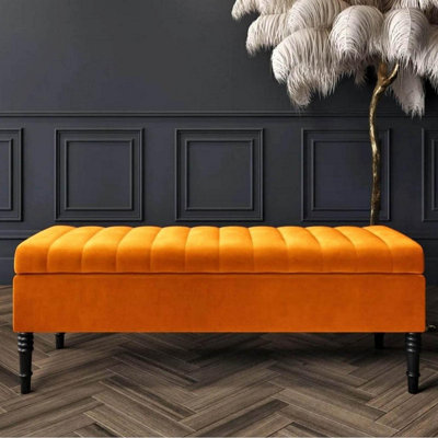 Safar 90cm Ottoman Storage Bench Plush Velvet Shoe Bench Burnt Orange Lined Upholstered Footstool