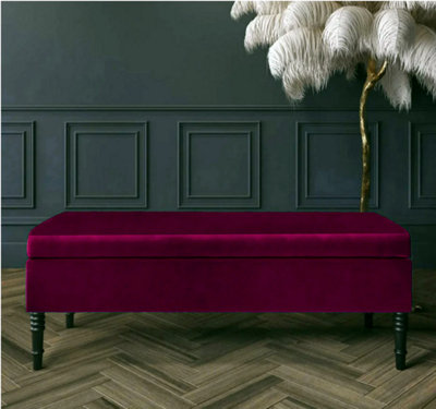 Safar Plain 150cm Ottoman Storage Bench - Plush Velvet Shoe Bench - Claret Red Lined Upholstered Footstool