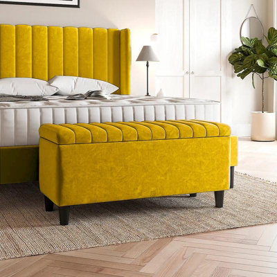 Safari  150cm Ottoman Storage box with  Legs -Mustard Gold Plush Velvet  Ottoman Bench with Storage