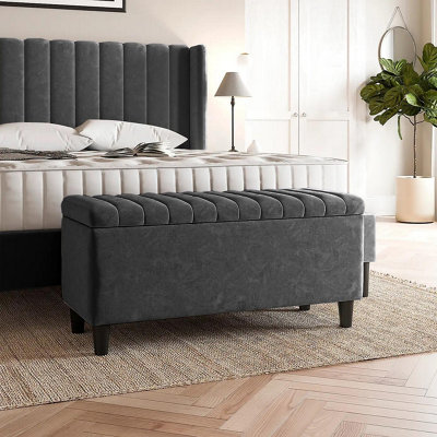 Safari  150cm Ottoman Storage box with  Legs -Steel Grey Plush Velvet  Ottoman Bench with Storage