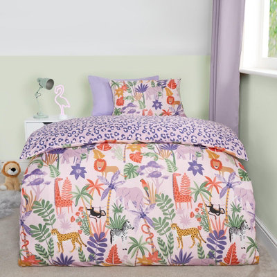 Safari Duvet Cover Set Reversible Quilt Soft Pillowcase Bedding, Pink - Junior