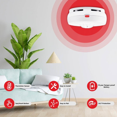 SAFE-TECH Interlinked Heat Alarm with LED Indicator and Silence Button, 10-Year Tamper-Proof Battery