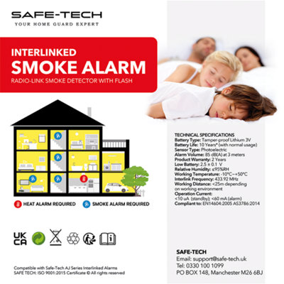 SAFE TECH Smoke Alarm,Interlinked Radio-Link Smoke Detector with LED Indicator and Test Silence Button,AJ-763