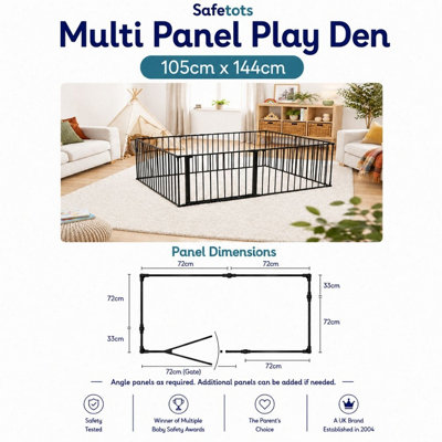 Safetots Premium Multi Panel Play Den, 105cm x 144cm, Black, 70cm High ...