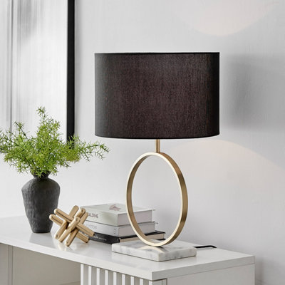 SAFFRON Gold Chrome Halo Table Lamp with White Marble Base and Black Light Shade Including A Rated Energy Efficient LED Bulb