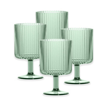 Sage Green Acrylic Plastic 15oz Ribbed Drinking Goblet - Stacking Wine Glasses - Set of 4