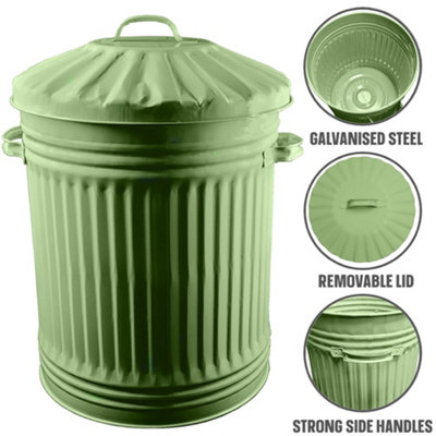 Sage Green Bin Retro Vintage Style Metal Dustbin with Lid Suitable for Indoor or Outdoor - Classic Bin Steel Dustbin - 60L