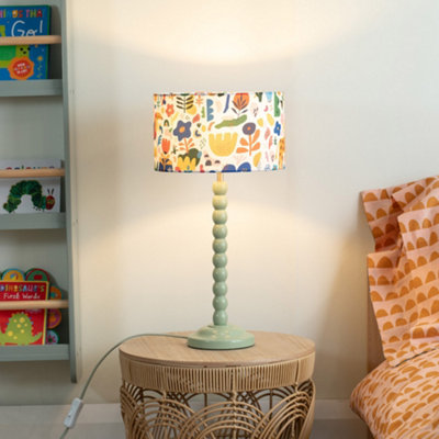 Sage Green Bobbin Stem Table Lamp with Jungle Drum Shade for Living Room Bedroom - LED Bulb Included