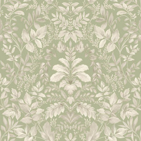 Sage Green Damask Leaf Wallpaper Holden Classic Natural Leaves Tree Floral Cream