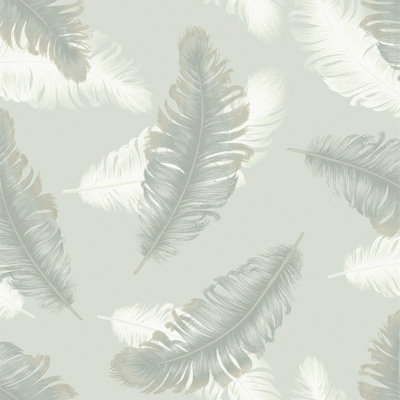 Sage Green Feather Wallpaper Smooth Finish Metallic Shimmer Feature Wall