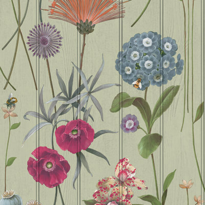 Sage Green Floral Wallpaper Beaded Wood Panel Effect Bee's Smooth Finish Lounge