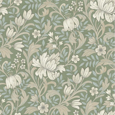 Sage Green Floral Wallpaper Light Blue Leafs Beige Flowers Smooth Matte Grandeco