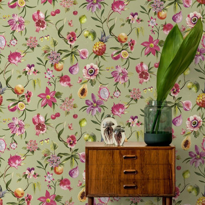 Sage Green Floral Wallpaper Multi Exotic Fruits Blossoms Foliage Feature Wall