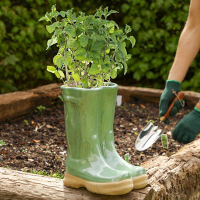Sage Green Large Wellington Boot Planter Ceramic Indoor Outdoor Garden Flower Plant Pot (H) 29.5cm, (W)24cm