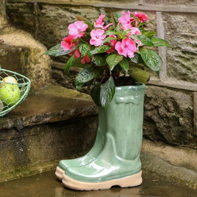Sage Green Wellington Boot Large Ceramic Indoor Outdoor Summer Flower Pot Garden Planter