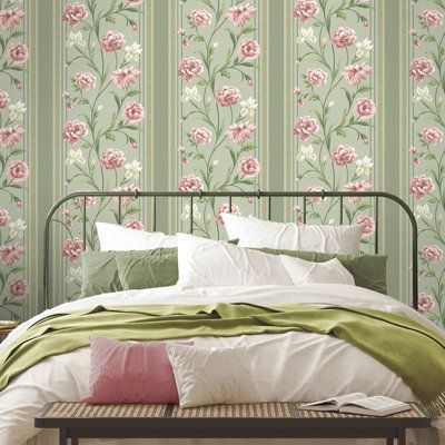 Sage Pink Floral Wallpaper Panel Effect Smooth Flat Finish Feature Wall