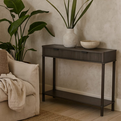 Sagevale 2-Drawer Ribbed Console Table with Bottom Shelf, Brown