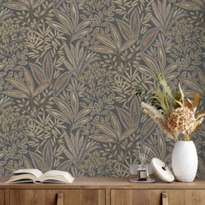 Sahara Leaf Deep Mocha Brown Tropical Floral Leaf Wallpaper M1785